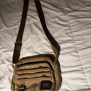 Canvas Crossbody Messenger Bag Khaki Tan Zippered Pockets Unisex Utility Jakago